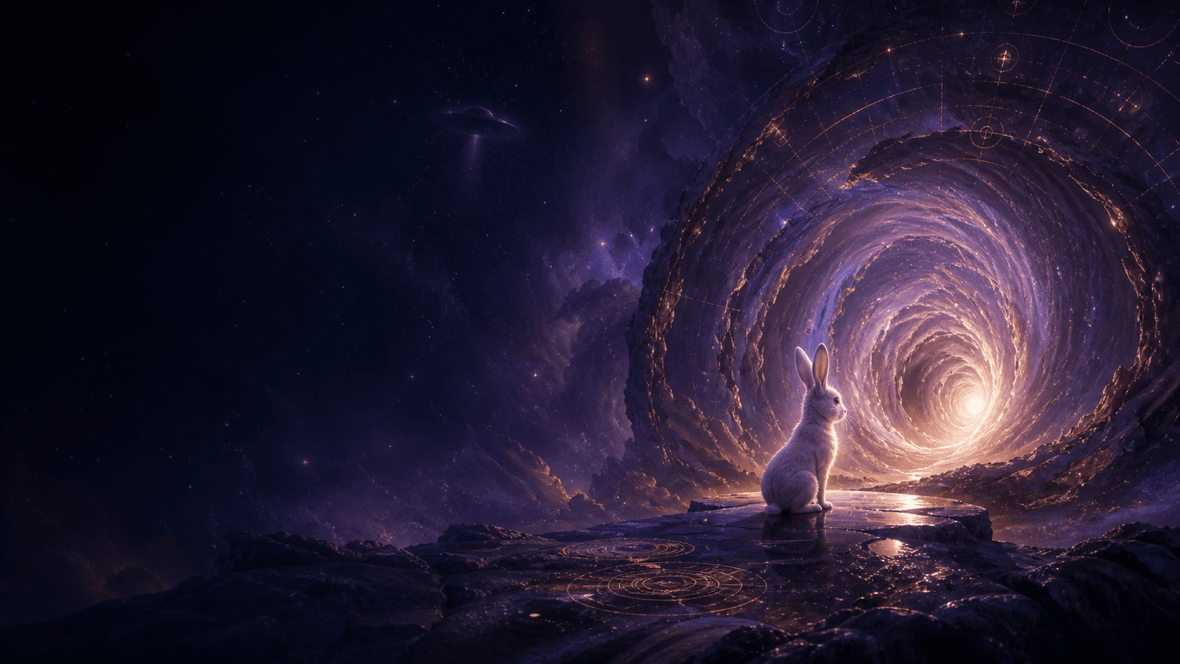 A white rabbit at the edge of a glowing cosmic portal in deep space